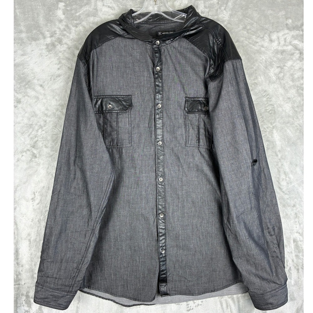 INC International Concepts Mens XXXL Gray Hooded Button Down Faux Leather Trim